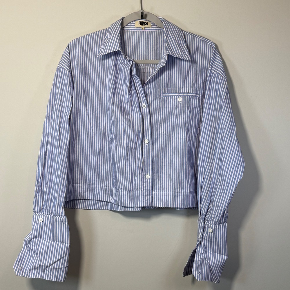 FRNCH Paris Striped Button Down Women L Blue White Cropped Cuffs Cotton Coastal